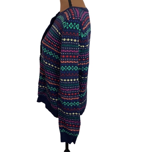 Talbots navy wool blend fair isle colorful sweater cardigan with sequins size L - Picture 3 of 13
